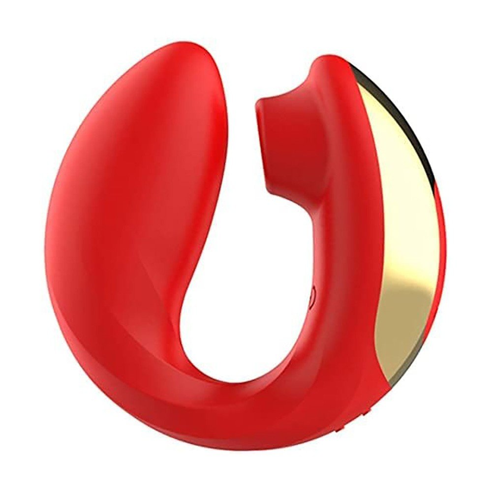 Vista lateral do Sugador de Clit�ris e Vibrador para Ponto G Recarreg�vel Ivy na cor vermelha, mostrando o design ergon�mico em U e a �rea cromada dourada