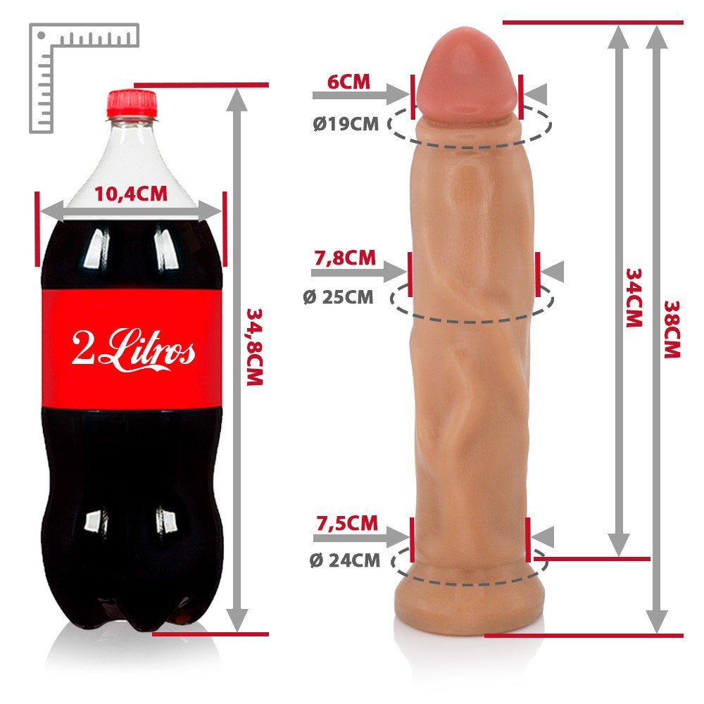 P�nis Gigante e Grosso Flex�vel Titan 38 x 8cm Bege em vista superior, mostrando o comprimento e a base para cinta