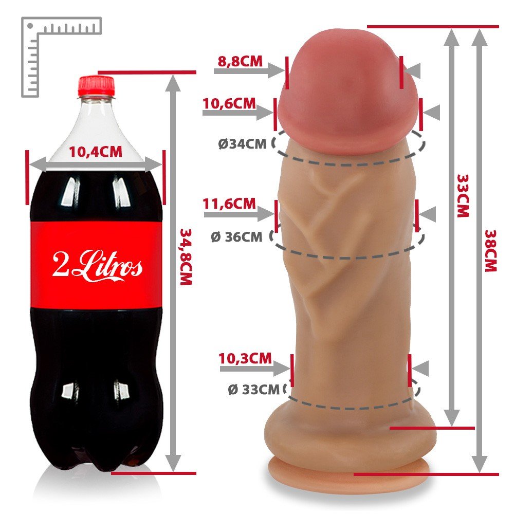 Vis�o geral do P�nis Gigante e Grosso Flex�vel com Ventosa Imenso 39 x 11,6cm Bege em sua totalidade, ressaltando o tamanho e a cor bege