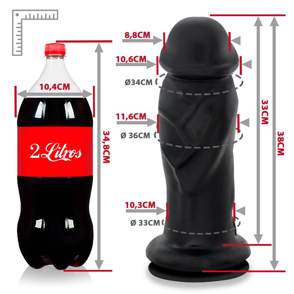 P�nis Gigante e Grosso Flex�vel com Ventosa Imenso 39 x 11,6cm Preto - vista geral do dildo mostrando sua impon�ncia e formato