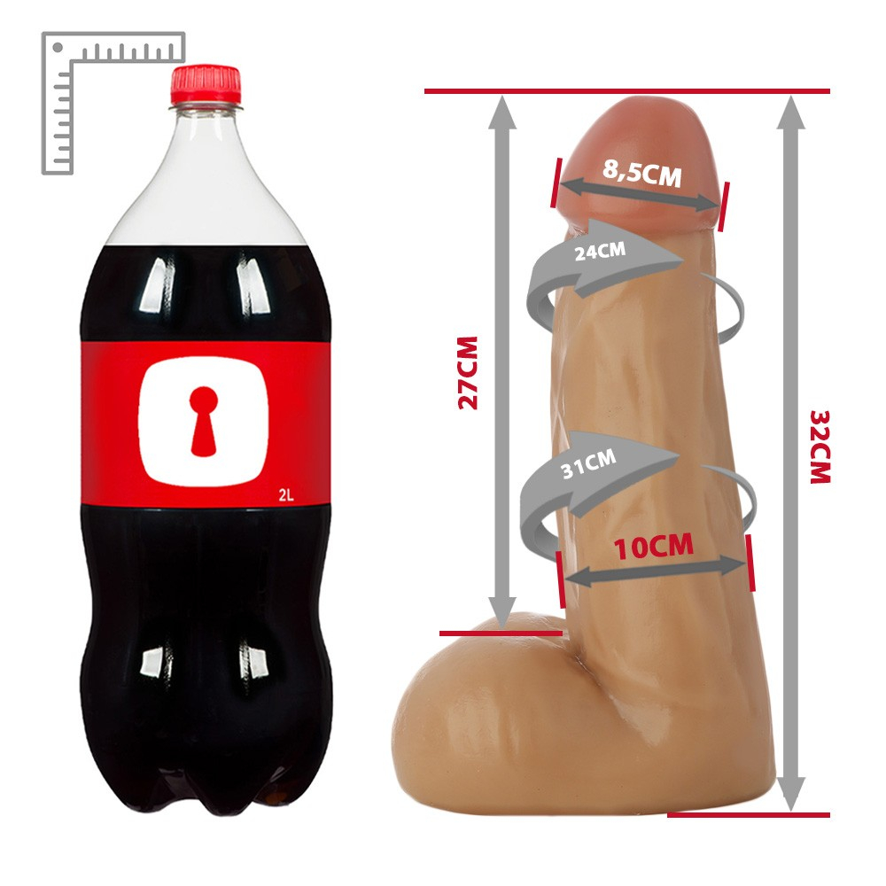 P�nis Gigante e Grosso Flex�vel com Escroto Poderoso 32 x 10cm Bege em plano geral, mostrando a robustez e o design anat�mico completo desde a glande at� o escroto.