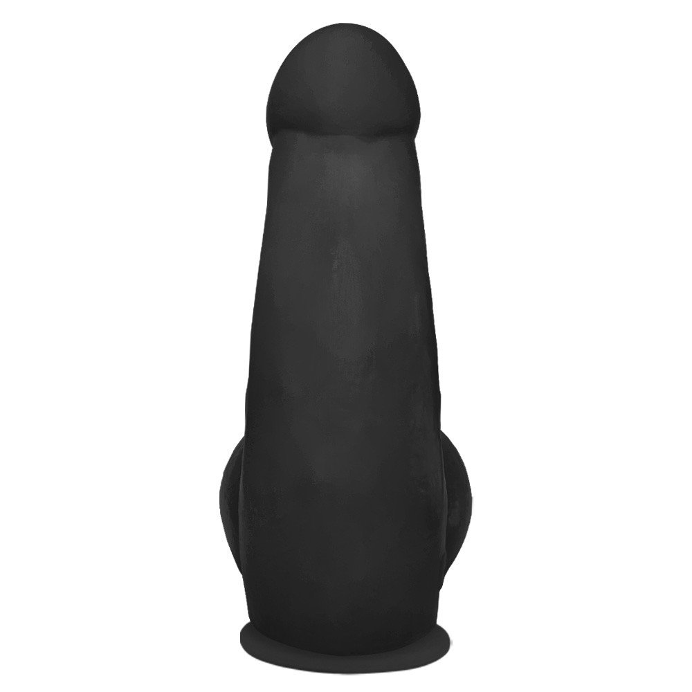 P�nis Gigante e Grosso Flex�vel com Escroto e Ventosa Miudo 32 x 10cm Preto vista traseira, com destaque para a base