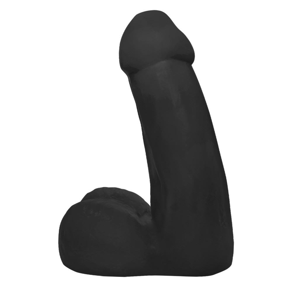 P�nis Gigante e Grosso Flex�vel com Escroto Mi�do 32 x 10cm Preto - segundo �ngulo lateral, evidenciando a curvatura e a flexibilidade do material. Em fundo branco.