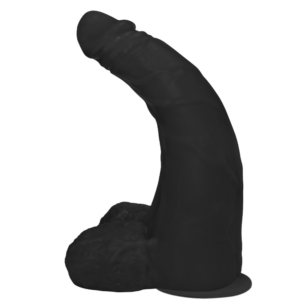 P�nis Gigante e Grosso Flex�vel com Escroto e Ventosa Profundo 36 x 10cm Preto - Vista lateral direita, destacando a espessura e a flexibilidade do produto.