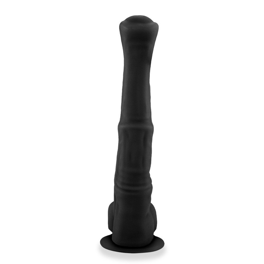 Vista frontal do P�nis Gigante e Grosso Flex�vel com Escroto e Ventosa Garanh�o 36 x 6,2cm Preto, mostrando a textura do material e o design realista.