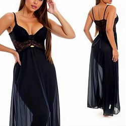 Camisola Longa Sensual em Renda com Bojo e Calcinha String Viena Preta
