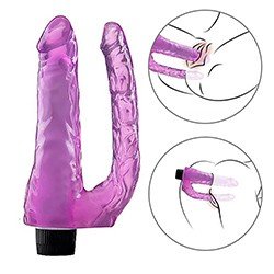Foto do Produto Pênis Duplo Realístico em Jelly com Vibrador Multivelocidade 22 x 3,4cm e 16 x 2cm Roxo