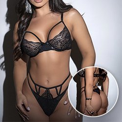 Conjunto Sensual Sexy em Renda com Aro sem Bojo e Calcinha Strappy Fio Dental Preto