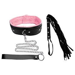 Coleira Social em PU (Imitação em Couro) com Guia e Flogger Preto e Rosa
