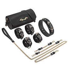 Foto do Produto Kit Bondage em PU (Imita��o de Couro) e Metal com Coleira, Guia, Tornozeleira e Algemas Preto e Dour