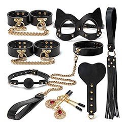 Kit Bondage 8 com Maleta Luxo: Algema, Máscara, Tornozeleira e Mais 5 Itens Preto e Vermelho