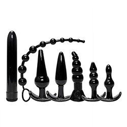 Kit Plug Anal: 6 Plugs em Formatos Diferentes e 1 Vibrador Personal Preto