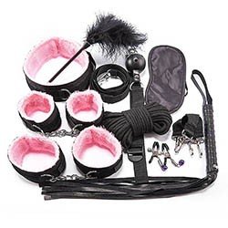 Kit Bondage 10: Mordaça, Venda, Coleira, Flogger e Mais 6 Itens em Nylon e Pelúcia Preto e Rosa