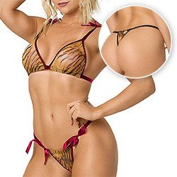 Foto do Produto Conjunto Sensual Sexy em Tule Transparente com Estampa de Tigre sem Bojo de Amarrar Pink
