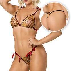 Foto do Produto Conjunto Sensual Sexy em Tule Transparente com Estampa de Tigre sem Bojo de Amarrar Vermelho