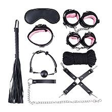 Foto do Produto Kit Bondage com 7 itens: Algema, Tornozeleira, Venda, Flogger, Morda�a, Coleira e Corda Preto