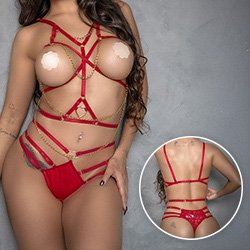 Conjunto Strappy Sensual Sexy em Cirre e Renda com Seios à Mostra e Calcinha Grace Vermelho