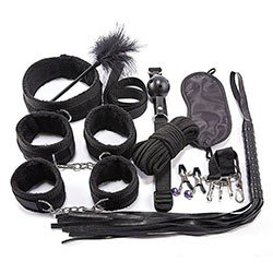 Kit Bondage 10: Venda, Mordaça, Corda e Mais 7 Itens em Nylon e PU Preto