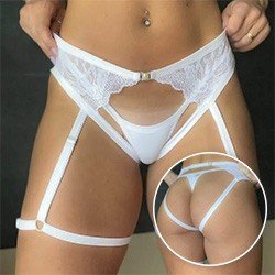 Foto do Produto Calcinha Tanga Sexy em Renda Toda Aberta com Ligas e Regulagem Branca