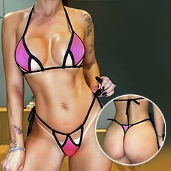 Biquíni Fio Dental Sensual Sexy em Poliamida sem Bojo de Amarrar Pink Neon