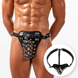 Cinto de Castidade Masculino em PU Imitação de Couro com Regulagem e Cadeado Preto
