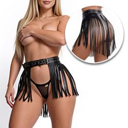 Saia Fringe BDSM em PU Imita��o de Couro Preto com Rebites e Cintura Ajust�vel