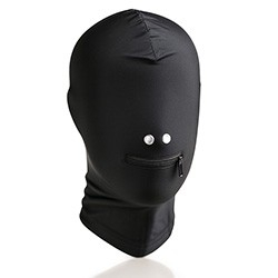 Capuz BDSM em Suplex com Zíper Frontal para Controle Sensorial e Respiros Metálicos Preto