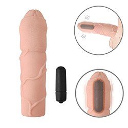 Capa Peniana com Vibrador em Cyberskin 16 x 4cm com Extensor Interno de 7cm Bege