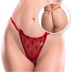Foto do Produto Calcinha String Fio Dental Sexy em Tule Bordado com Bijoux Atr�s Vermelha