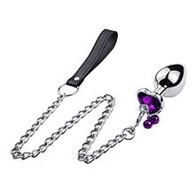 Plug Anal Joia em Aço Inox Tamanho M com Cristal Roxo e Formato Gota com Sino e Guia de 8 x 3,4cm