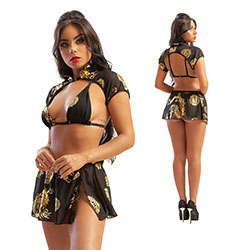 Fantasia Erótica de Gueixa em Tule Manu Vermelha e Dourado