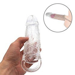 Foto do Produto Capa Peniana em Jelly de 15cm com Extensor Interno de 4,5cm e Anel Escrotal Transparente