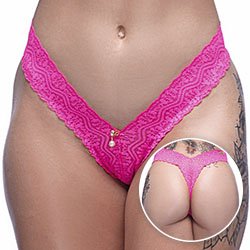 Calcinha Tanga Fio Dental Sexy em Renda com Bijoux na Frente Pink Neon