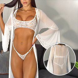 Robe Longo Sensual Sexy em Tule e Renda Branco