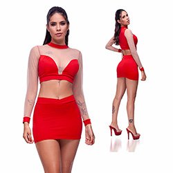 Foto do Produto Conjunto Sensual em Suplex Poliamida Cropped Manga Comprida e Mini Saia Sexy Vermelho