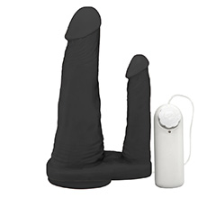 Foto do Produto P�nis Duplo para 2 Penetra��es com Vibrador e Ventosa 15x3,5cm e 10x2,5cm Preto