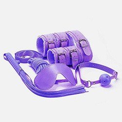 Foto do Produto Kit Bondage 6: Algemas, Venda, Flogger, Morda�a, Corda e Coleira com Guia Roxo