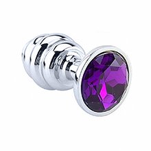 Plug Anal Joia em Aço Inox Tamanho P com Cristal Roxo e Formato em Gomos de 7 x 3cm