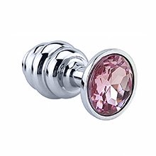 Plug Anal Joia em Aço Inox Tamanho M com Cristal Rosa e Formato em Gomos de 7 x 3cm