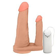 Pênis Duplo para 2 Penetrações com Vibrador e Ventosa 15x3,5cm e 10x2,5cm Bege