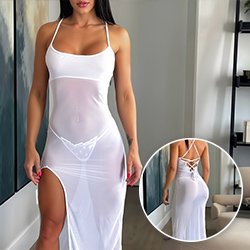 Foto do Produto Vestido Longo Sensual Sexy em Tule Transparente com Fenda Branco
