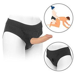 Foto do Produto Cinta Peniana para Ela Formato de Cueca com P�nis Real�stico Bege com V�rtebras 19 x 4cm Preta