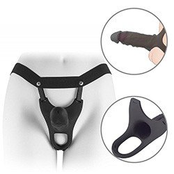 Foto do Produto Capa Peniana em Silicone com 15cm Extensor Interno de 5cm com Orifício na Glande e Cinta Preto