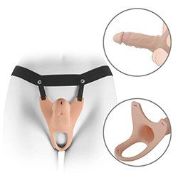 Foto do Produto Capa Peniana em Silicone com 15cm Extensor Interno de 5cm com Orifício na Glande e Cinta Bege