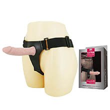 Foto do Produto Capa Peniana com Cinta em PVC Realística e Vibrador com Controle com Fio 15,5 x 3cm Bege