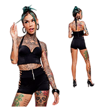 Conjunto Sensual Sexy em Suplex Poliéster Shorts com Tiras Laterais e Cropped com Bojo Preto