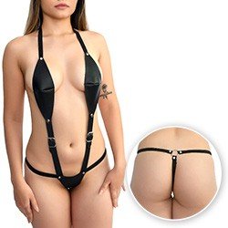 Body Fetichista em PU Imitação de Couro e Elástico com Fivelas Ajustáveis Preto