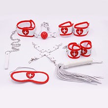 Foto do Produto Kit Bondage com 6 itens: Algema, Tornozeleira, Venda, Flogger, Morda�a e Coleira Branco e Vermelho
