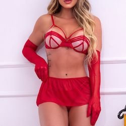 Foto do Produto Conjunto Sensual Sexy em Tule com Luva, Meia, Saia, Calcinha e Suti� com Aro Sexy Appeal Vermelho