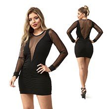 Foto do Produto Vestido Sensual Sexy em Poliamida Franzido com Bojo e Manga Comprida em Tule Preto